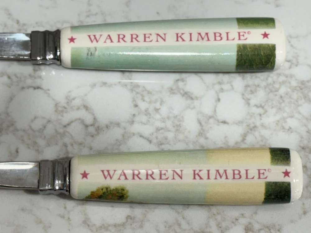 Vintage Warren Kimble Boston Warehouse Folk Art Ceramic Handle Salad Server Set